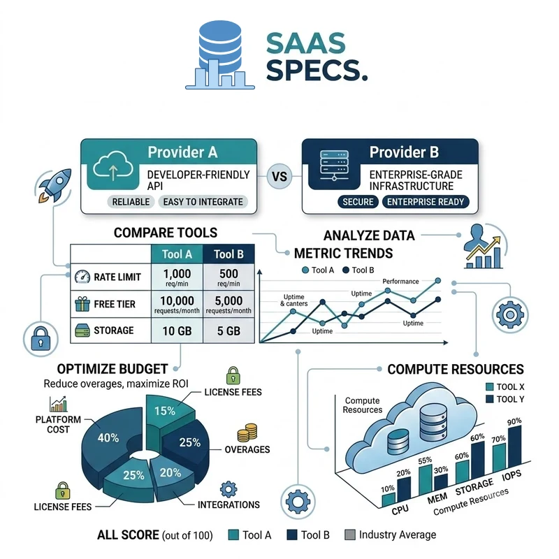 SaaS Specs infographic comparing SaaS providers on API limits, storage, budget optimization, and compute resources